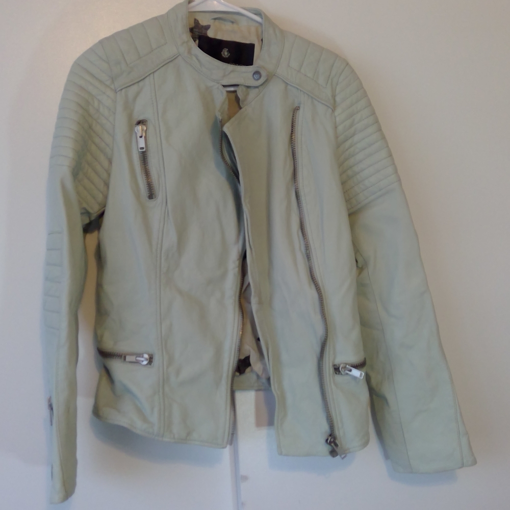 Scotch & Soda Cream Leather Moto Jacket with Quilted Shoulders
